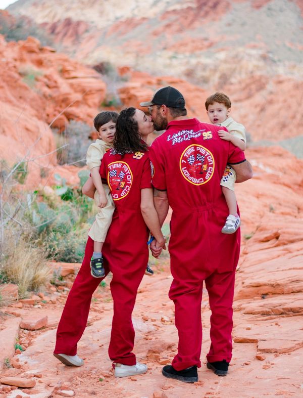 Family of four at red rock formations